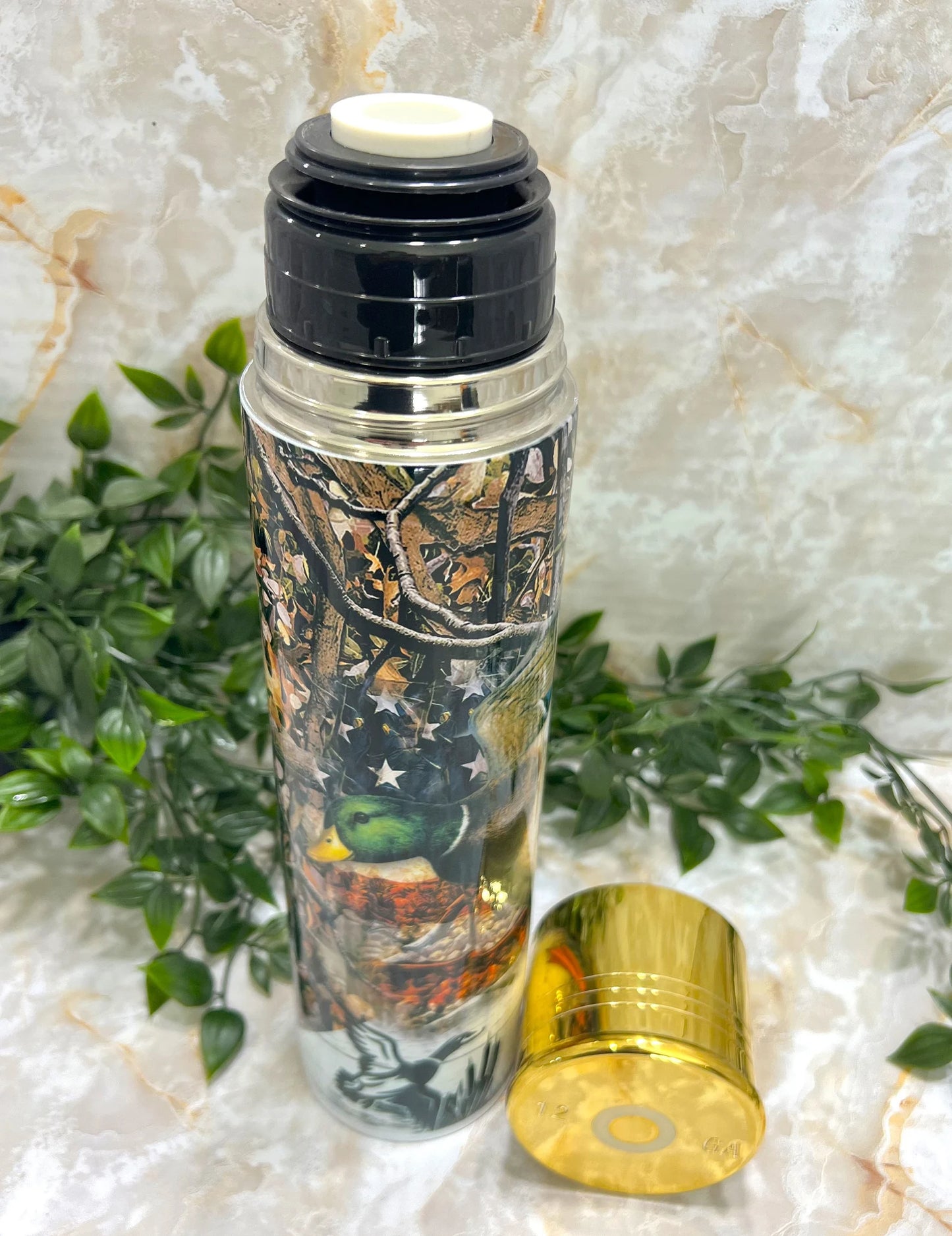 Stainless Steel, Tumbler, Reusable lid, Hunting, Duck, Fowl, Patriotic, America, Flag, Shotgun, Mallard