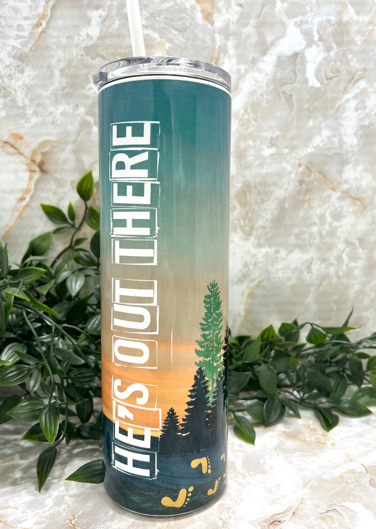 Tumbler, Stainless Steel, Reusable lid, mountain, forest, big foot, out there, cryptic intrigue, elusive