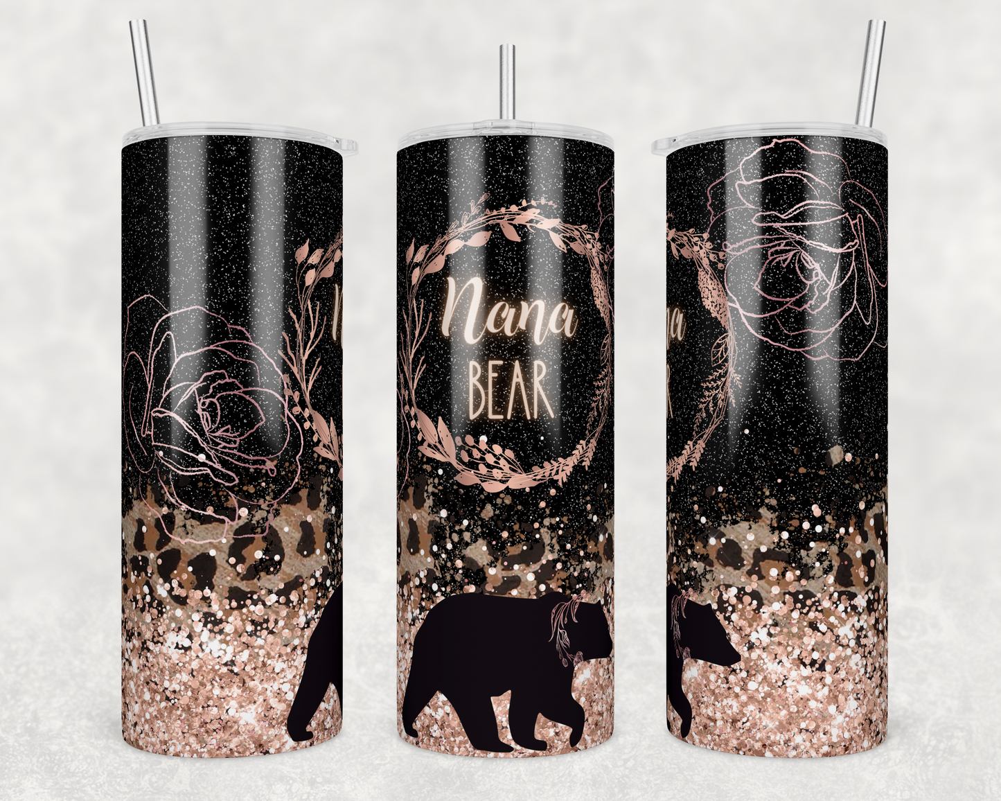 Tumbler, Stainless Steel, Nana Bear, Protective, Love, Grandchildren, Nurturing, floral, cheetah, glitter
