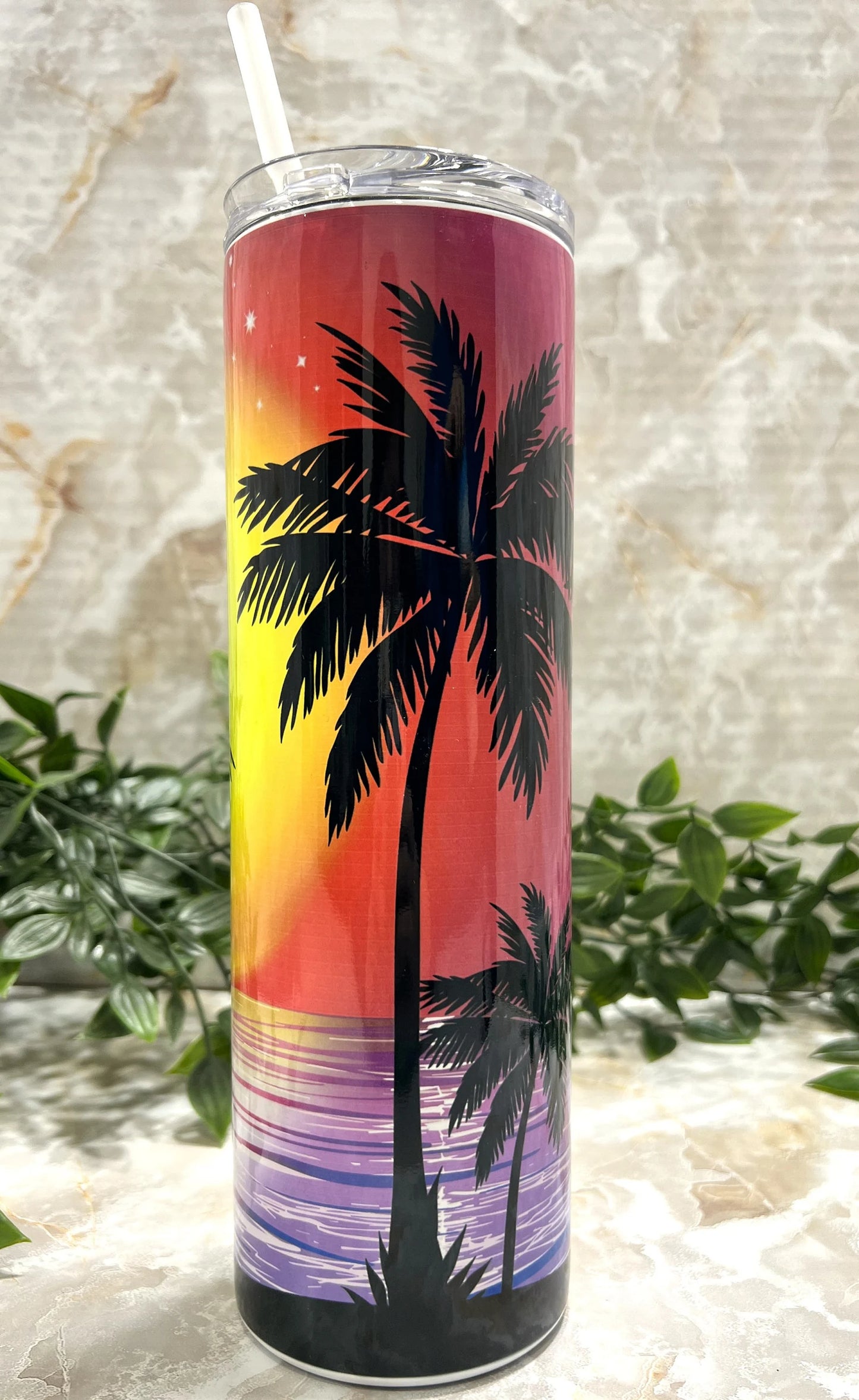 Stainless Steel, Tumbler, Reusable lid, Sunset, Beach, Palm Trees, Trip, Vacation, Vacay, Ocean, Tropical