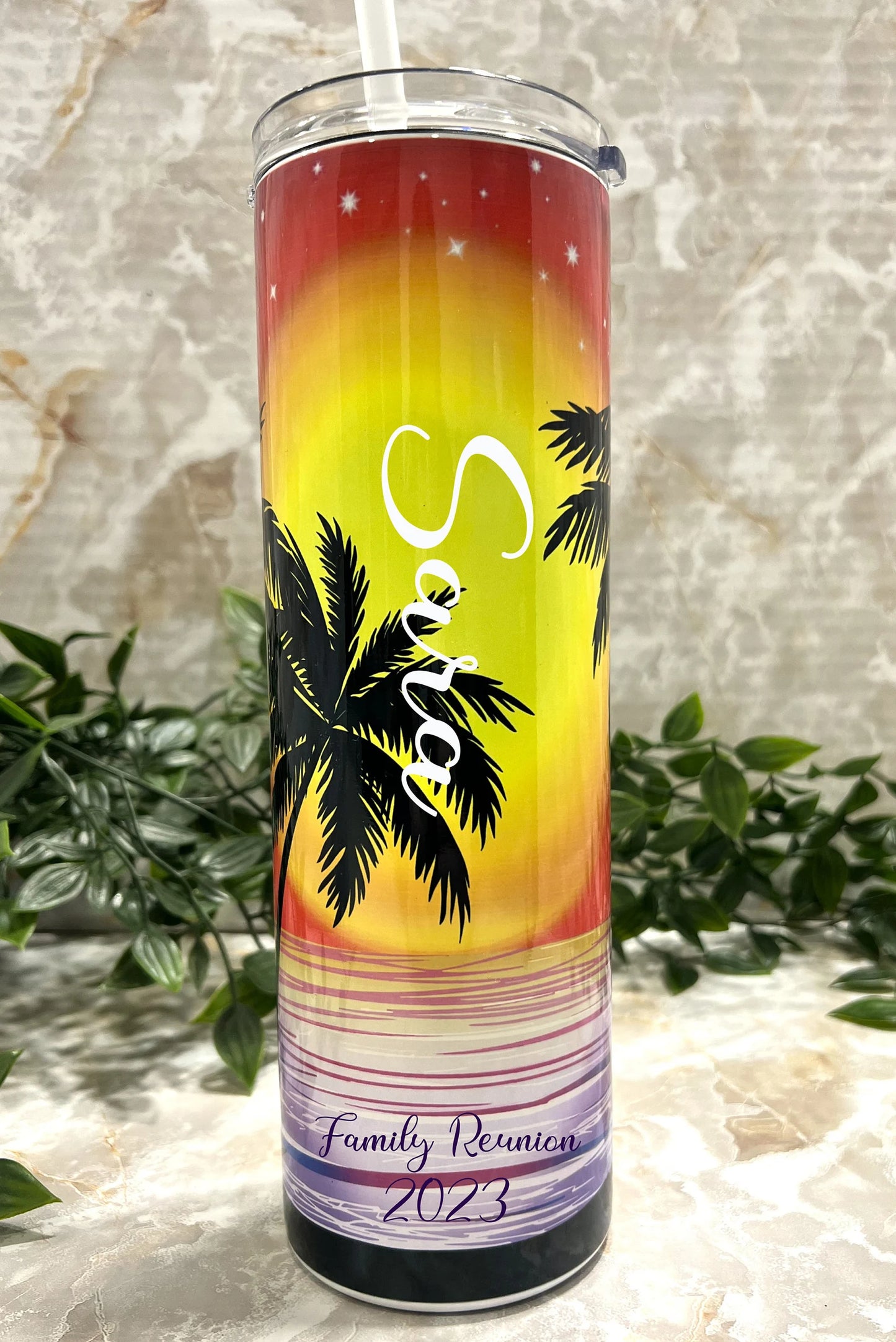 Stainless Steel, Tumbler, Reusable lid, Sunset, Beach, Palm Trees, Trip, Vacation, Vacay, Ocean, Tropical
