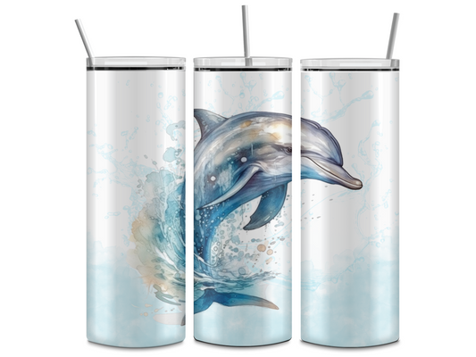 Tumbler, Stainless Steel, Reusable lid, Dolphin, Ocean, Watercolor, Marine, Aquatic