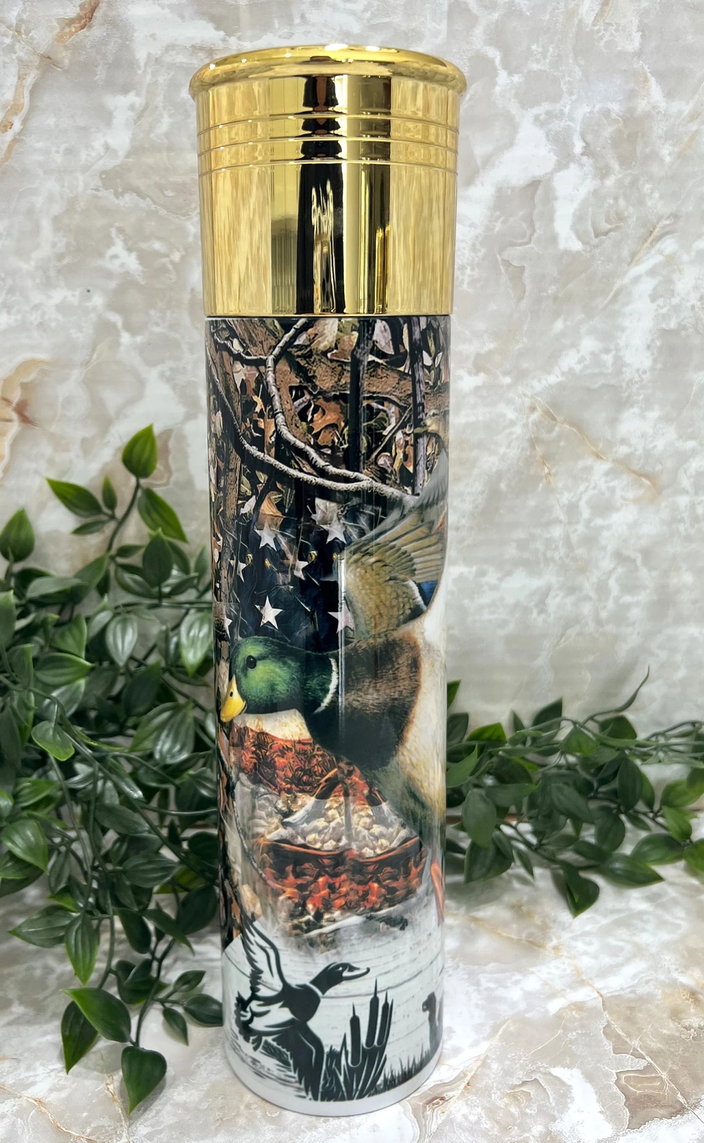 Stainless Steel, Tumbler, Reusable lid, Hunting, Duck, Fowl, Patriotic, America, Flag, Shotgun, Mallard