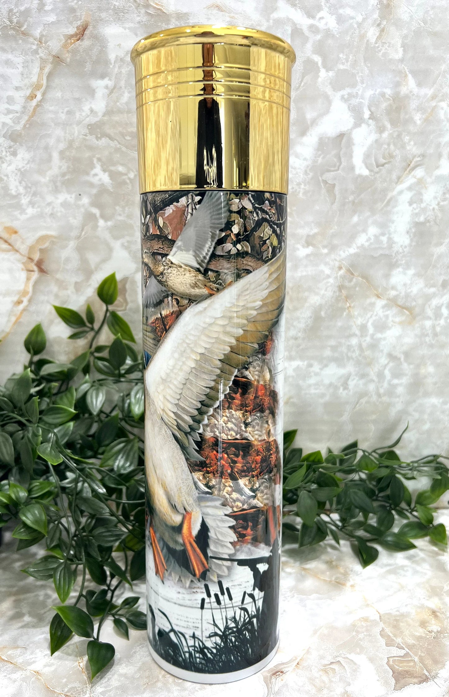 Stainless Steel, Tumbler, Reusable lid, Hunting, Duck, Fowl, Patriotic, America, Flag, Shotgun, Mallard