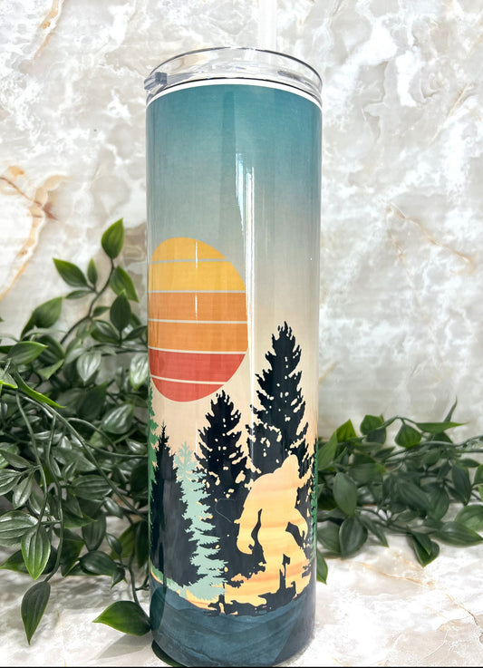 Tumbler, Stainless Steel, Reusable lid, mountain, forest, big foot, out there, cryptic intrigue, elusive