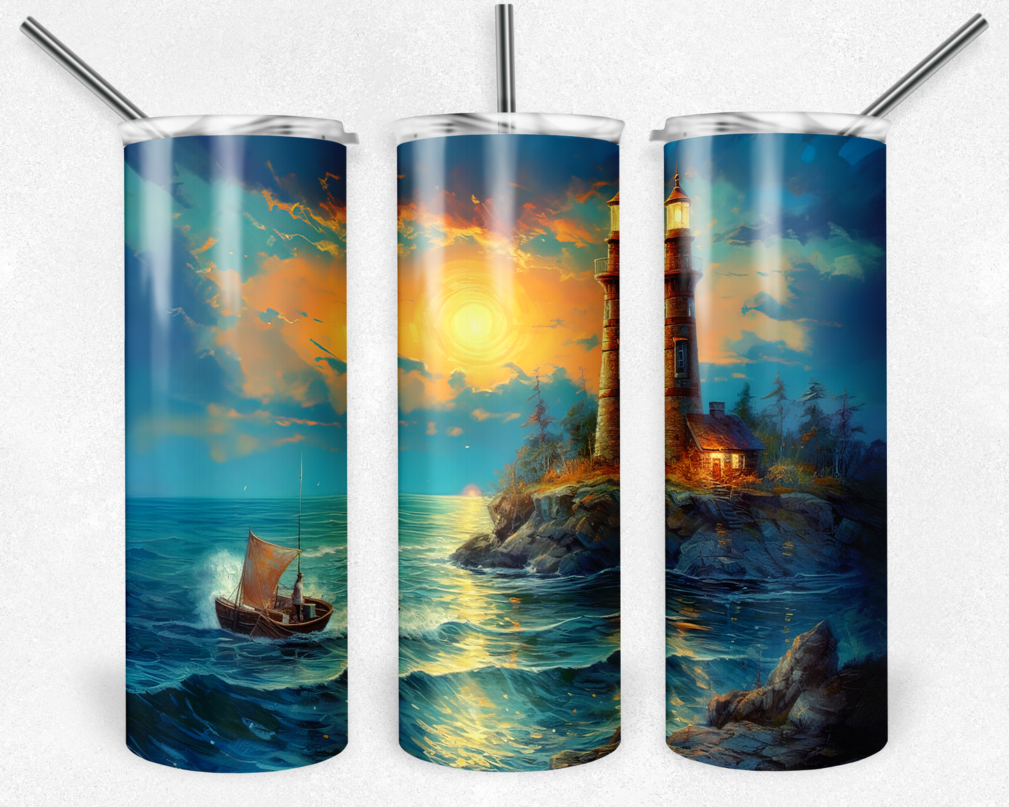 Tumbler, Stainless Steel, Sublimation, Removable Lid, Sunset, Ocean, Lighthouse, Waves, Boat, Sunrise