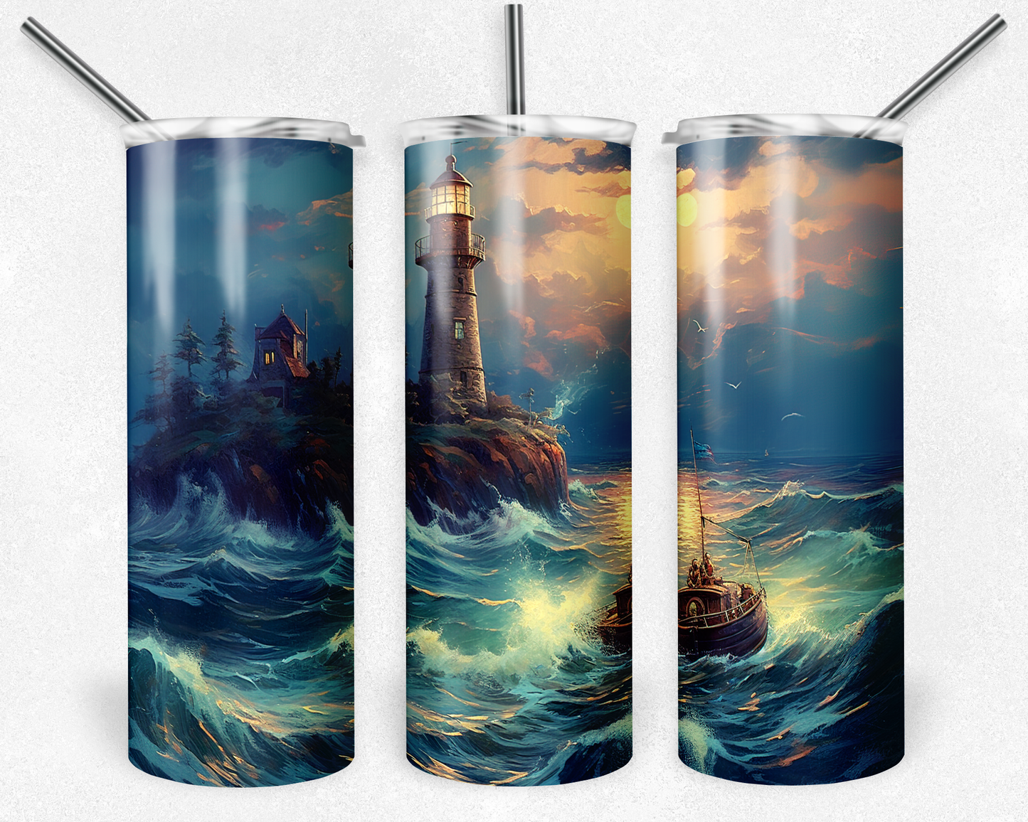 Tumbler, Stainless Steel, Sublimation, Removable Lid, Sunset, Ocean, Lighthouse, Waves, Boat, Sunrise