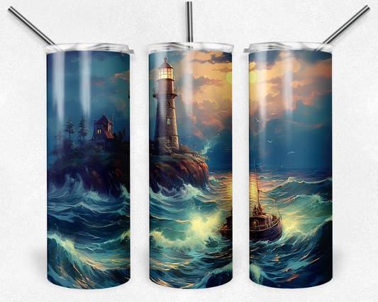 Tumbler, Stainless Steel, Sublimation, Removable Lid, Sunset, Ocean, Lighthouse, Waves, Boat, Sunrise