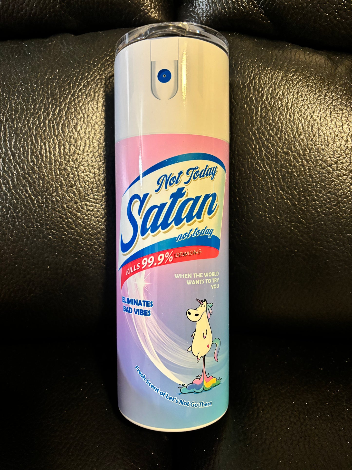 Personalized Tumbler, Not Today Satan Spray, Cleaning Supply, Funny, Gag Gift, Cup, White Elephant, Custom Sublimation, Hot and Cold Drinks