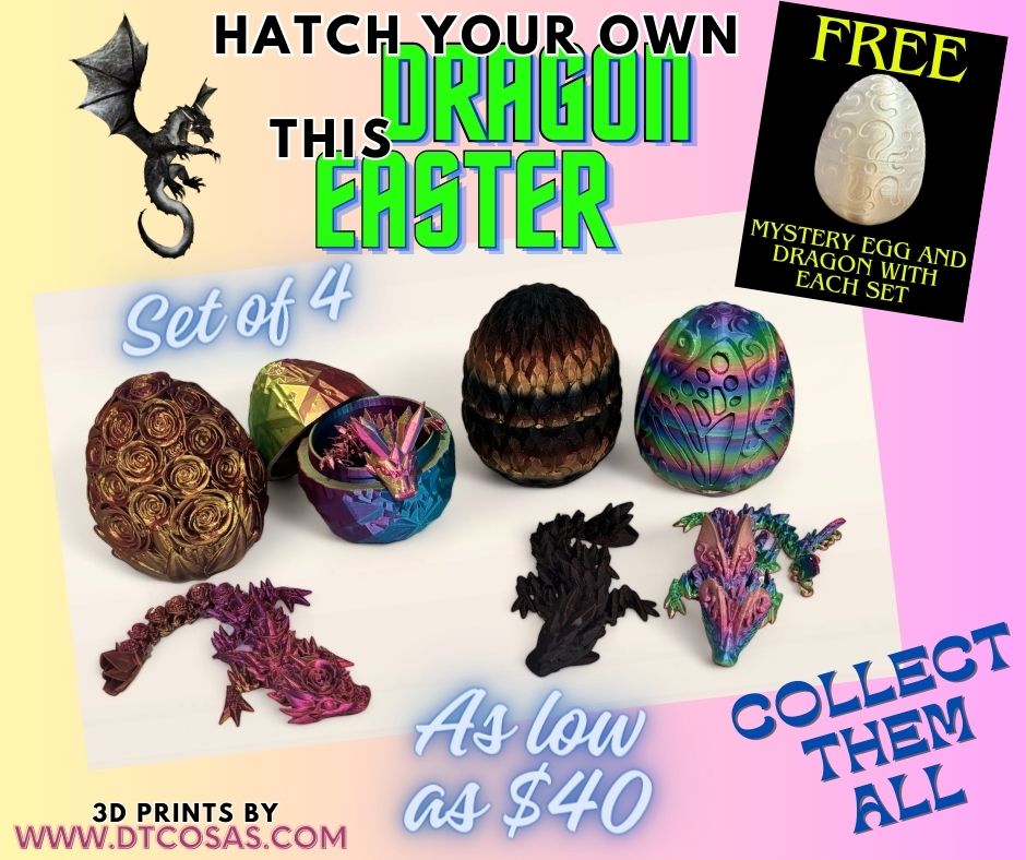 Easter Dragon Egg Set 3D printed Wyvern Crystal Rose Basket Gift Surprise Nesting Fidget and Sensory Toy